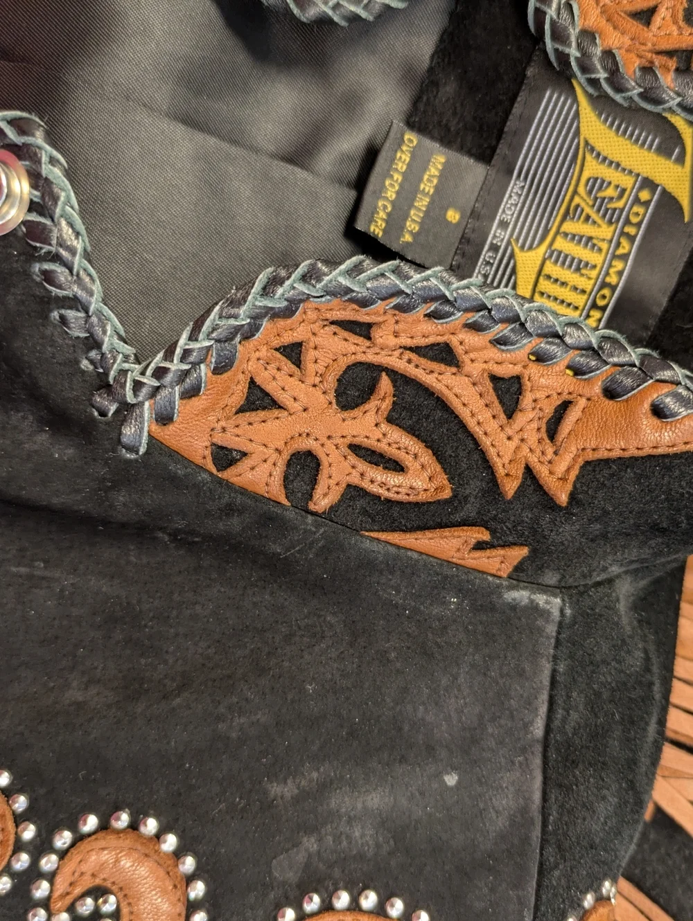 Vintage Diamond Leather Black And Brown Western Jacket Fringe Studs Made In USA - Picture 10 of 10